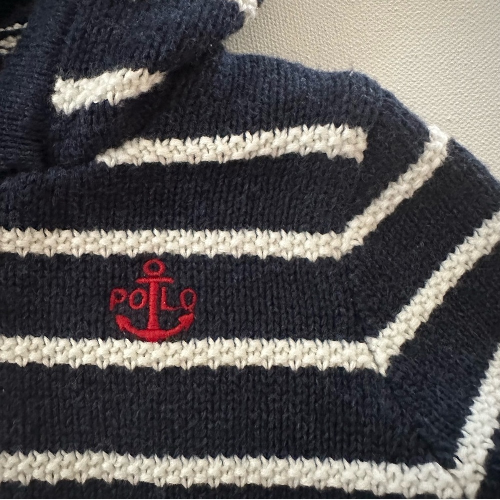 Ralph Lauren 6 Months Baby Boy Hooded Cardigan Sweater Blue Striped Anchor - Picture 4 of 4